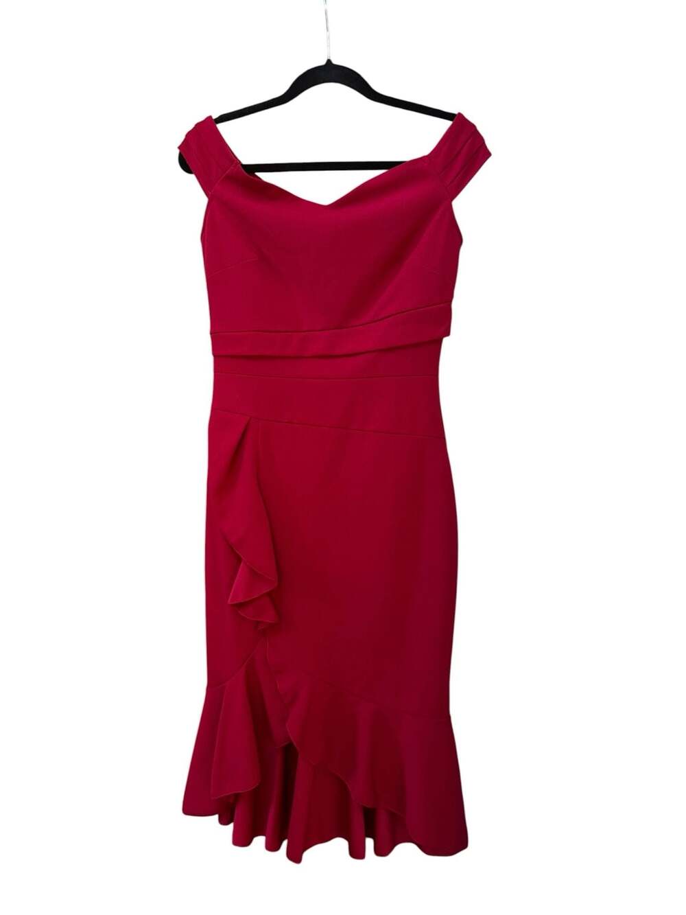 Knitee Women's Off-Shoulder V-Neck Ruffle Pleat Waist Midi Cocktail Dress